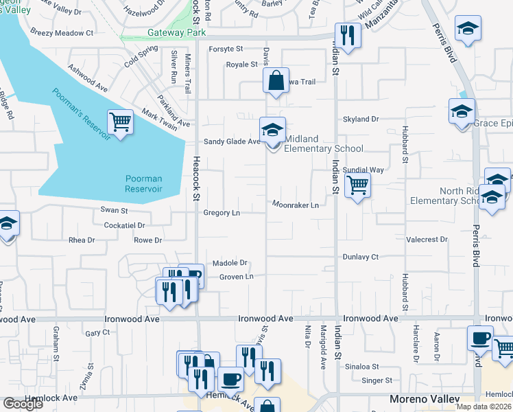 map of restaurants, bars, coffee shops, grocery stores, and more near 11606 Kasba Circle in Moreno Valley