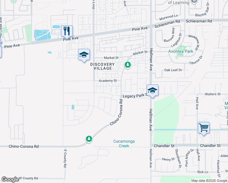 map of restaurants, bars, coffee shops, grocery stores, and more near 8651 Hereford Drive in Chino