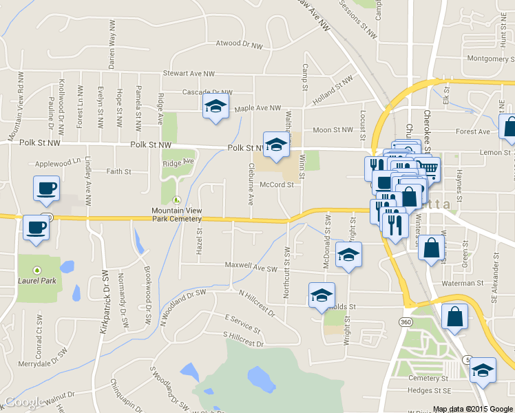 map of restaurants, bars, coffee shops, grocery stores, and more near 32 Cleburne Avenue Northwest in Marietta