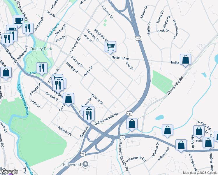 map of restaurants, bars, coffee shops, grocery stores, and more near 125 Anderson Street in Athens