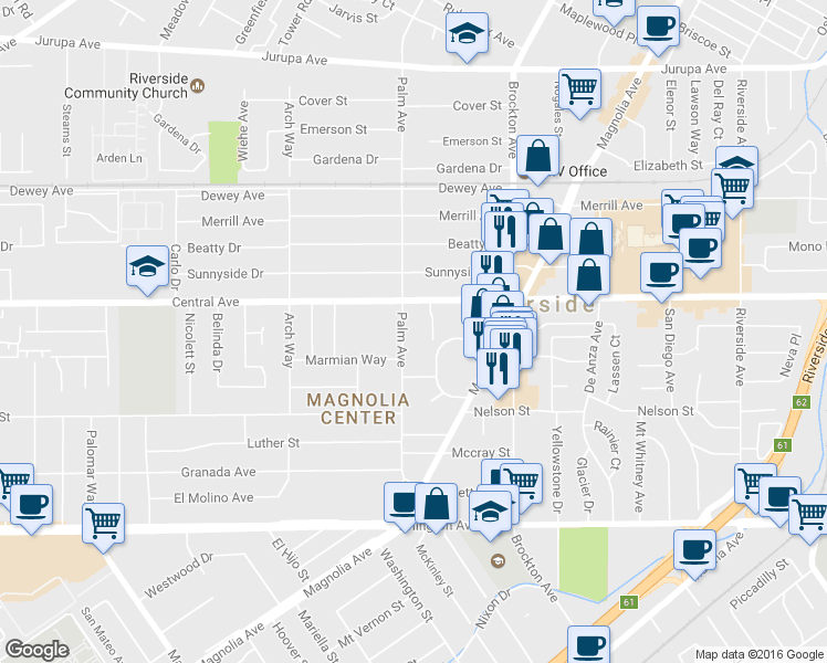 map of restaurants, bars, coffee shops, grocery stores, and more near 6650 Palm Avenue in Riverside