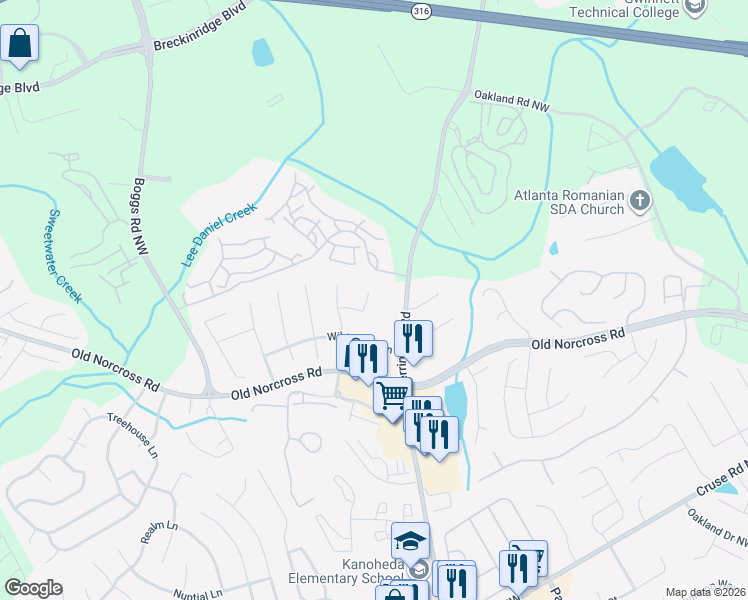 map of restaurants, bars, coffee shops, grocery stores, and more near 2522 Wildrose Circle in Lawrenceville