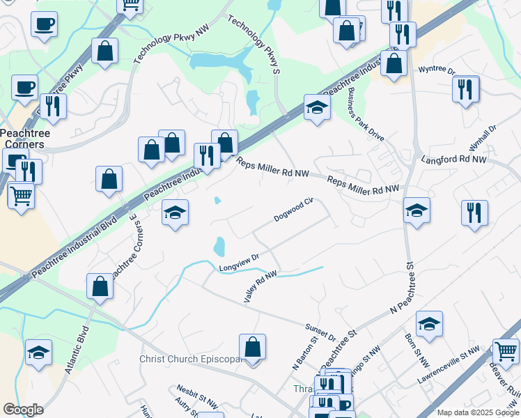 map of restaurants, bars, coffee shops, grocery stores, and more near 246 Dogwood Walk Lane in Norcross