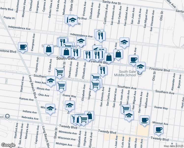 map of restaurants, bars, coffee shops, grocery stores, and more near 8960 Virginia Avenue in South Gate