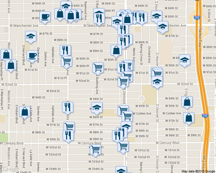 map of restaurants, bars, coffee shops, grocery stores, and more near 1111 West 93rd Street in Los Angeles