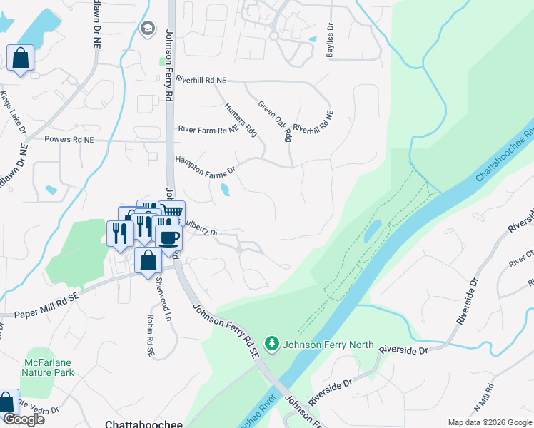 map of restaurants, bars, coffee shops, grocery stores, and more near 165 Club Ridge Drive in Marietta