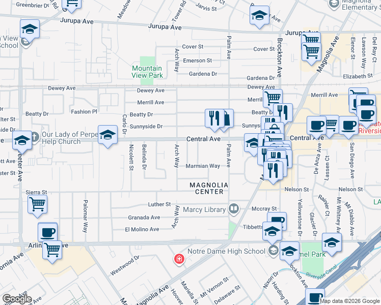map of restaurants, bars, coffee shops, grocery stores, and more near 6650 Cumberland Court in Riverside