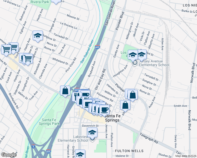 map of restaurants, bars, coffee shops, grocery stores, and more near 9707 Orr and Day Road in Santa Fe Springs