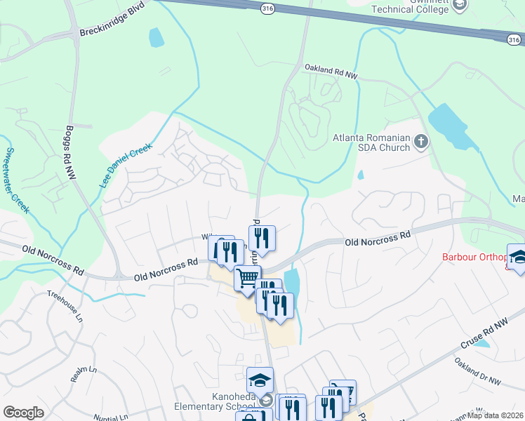 map of restaurants, bars, coffee shops, grocery stores, and more near 2465 Silver Moss Way Northwest in Lawrenceville