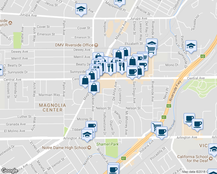 map of restaurants, bars, coffee shops, grocery stores, and more near 3701 Yosemite Way in Riverside
