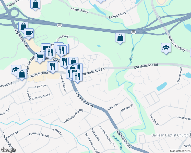 map of restaurants, bars, coffee shops, grocery stores, and more near 1660 Riverview Cove in Lawrenceville