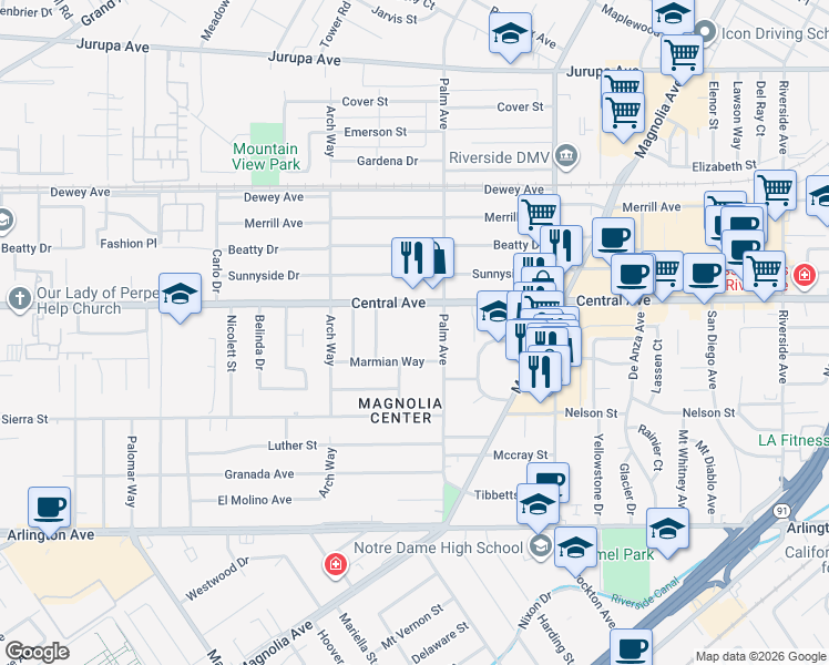 map of restaurants, bars, coffee shops, grocery stores, and more near 6655 Palm Avenue in Riverside