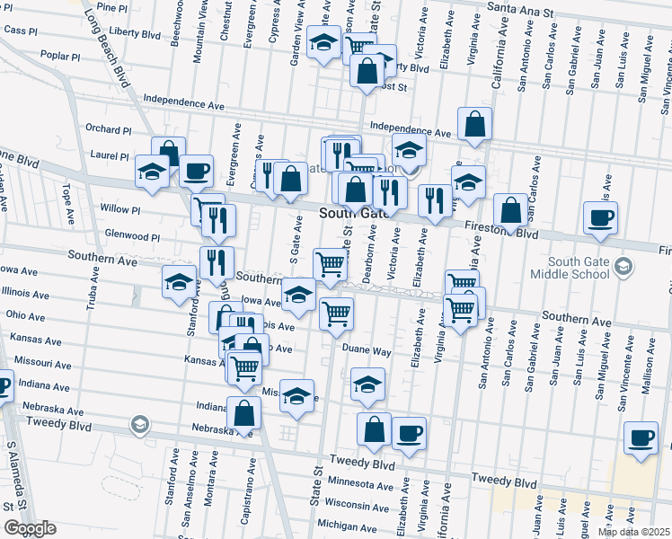 map of restaurants, bars, coffee shops, grocery stores, and more near 8984 Madison Avenue in South Gate