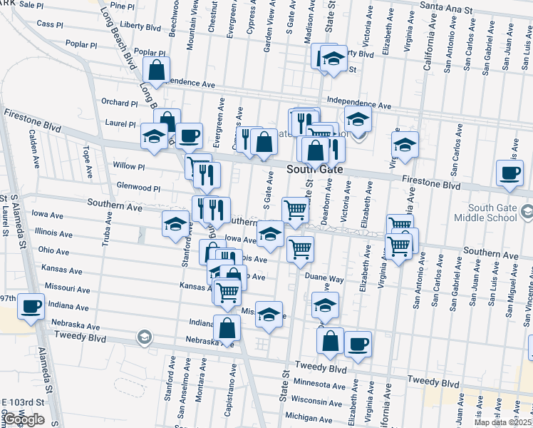 map of restaurants, bars, coffee shops, grocery stores, and more near 8986 South Gate Avenue in South Gate