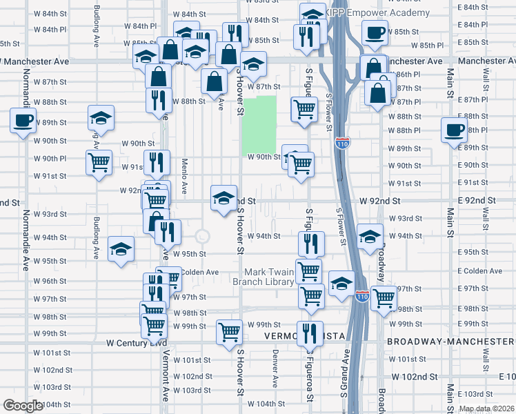map of restaurants, bars, coffee shops, grocery stores, and more near 626 West 92nd Street in Los Angeles