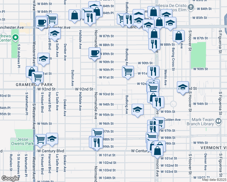 map of restaurants, bars, coffee shops, grocery stores, and more near 1231 West 93rd Street in Los Angeles