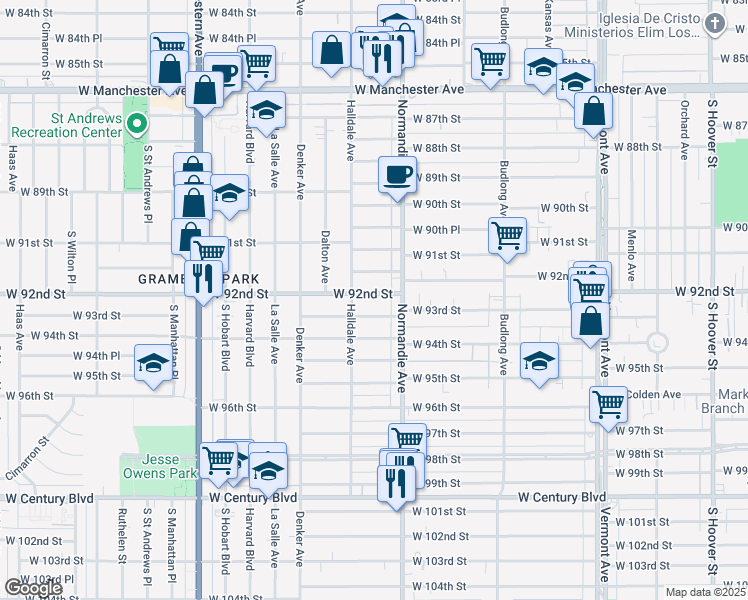 map of restaurants, bars, coffee shops, grocery stores, and more near 1450 West 92nd Street in Los Angeles