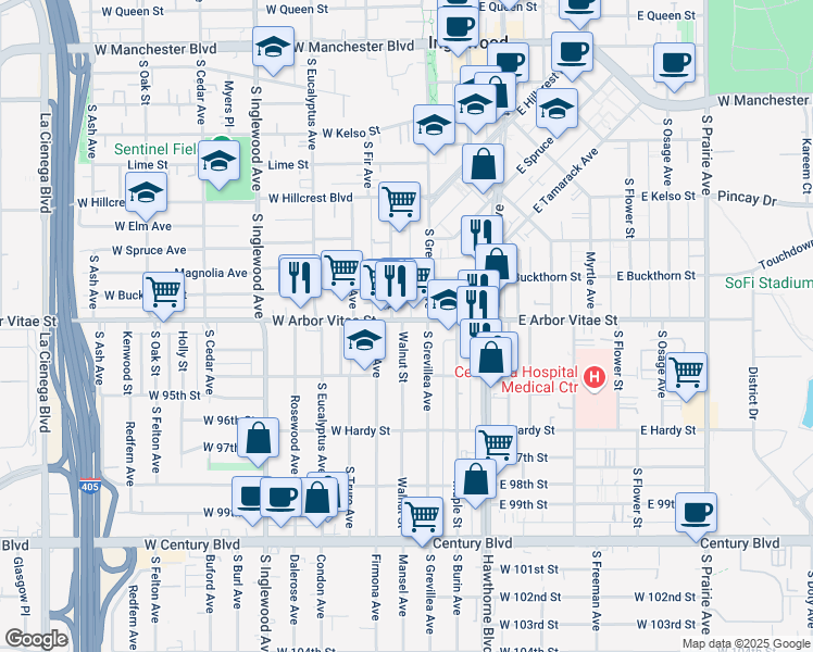 map of restaurants, bars, coffee shops, grocery stores, and more near 118 West Arbor Vitae Street in Inglewood