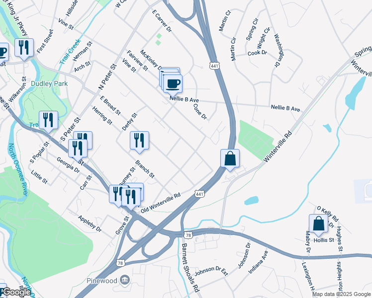 map of restaurants, bars, coffee shops, grocery stores, and more near 342 Arch Street in Athens