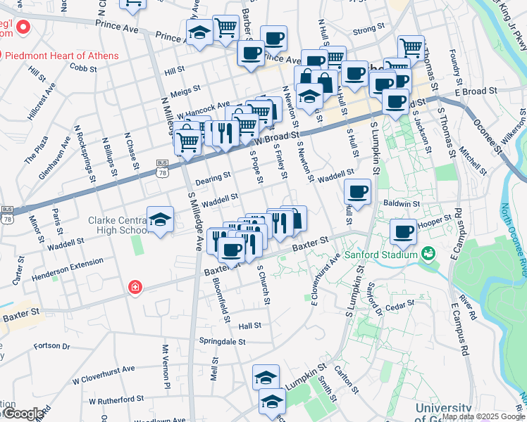 map of restaurants, bars, coffee shops, grocery stores, and more near 350 South Pope Street in Athens