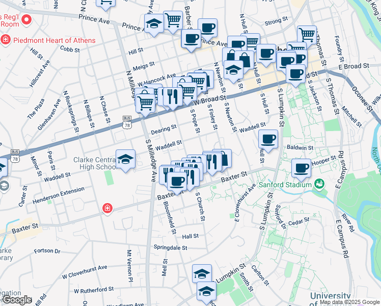 map of restaurants, bars, coffee shops, grocery stores, and more near 350 South Pope Street in Athens