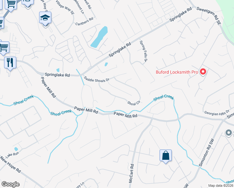 map of restaurants, bars, coffee shops, grocery stores, and more near 442 Shoal Circle in Lawrenceville