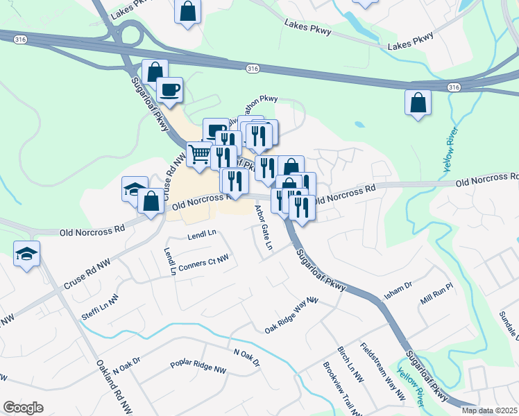 map of restaurants, bars, coffee shops, grocery stores, and more near 834 Arbor Gate Lane in Lawrenceville