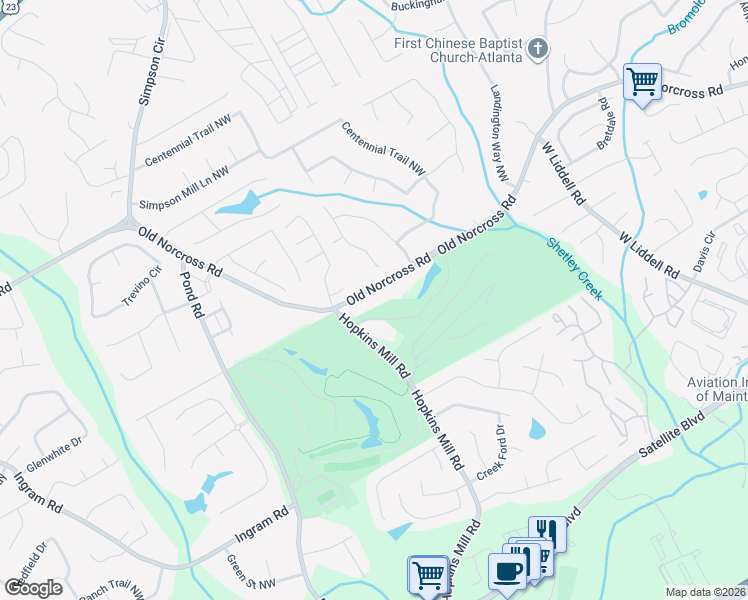 map of restaurants, bars, coffee shops, grocery stores, and more near 4494 Old Norcross Road in Duluth