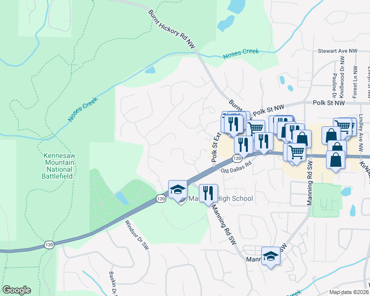 map of restaurants, bars, coffee shops, grocery stores, and more near 1251 Whitlock Ridge Drive in Marietta