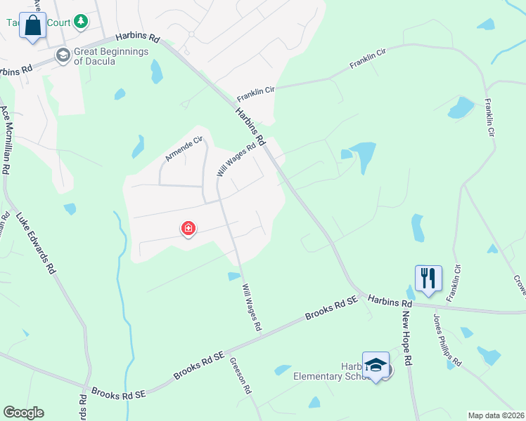 map of restaurants, bars, coffee shops, grocery stores, and more near 1688 Little Fox Drive Southeast in Dacula