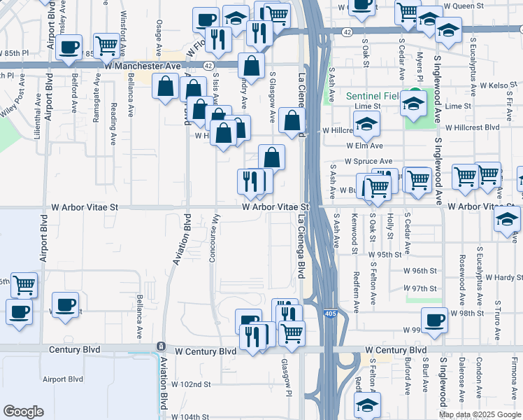 map of restaurants, bars, coffee shops, grocery stores, and more near West Arbor Vitae Street & Hindry Place in Los Angeles