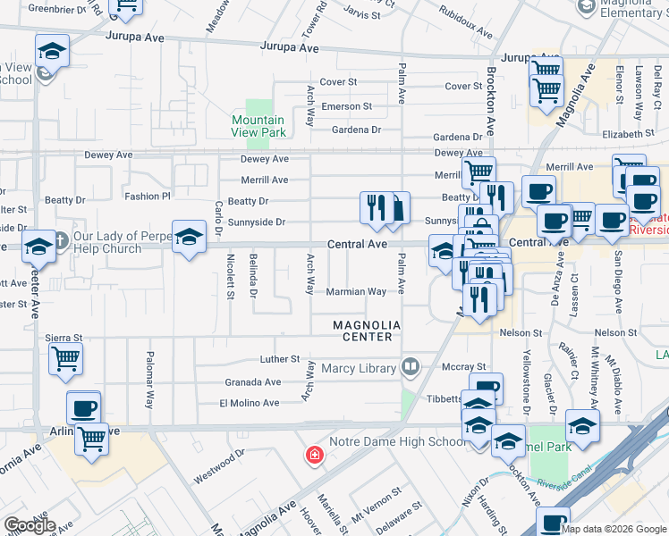 map of restaurants, bars, coffee shops, grocery stores, and more near 6650 Cumberland Court in Riverside