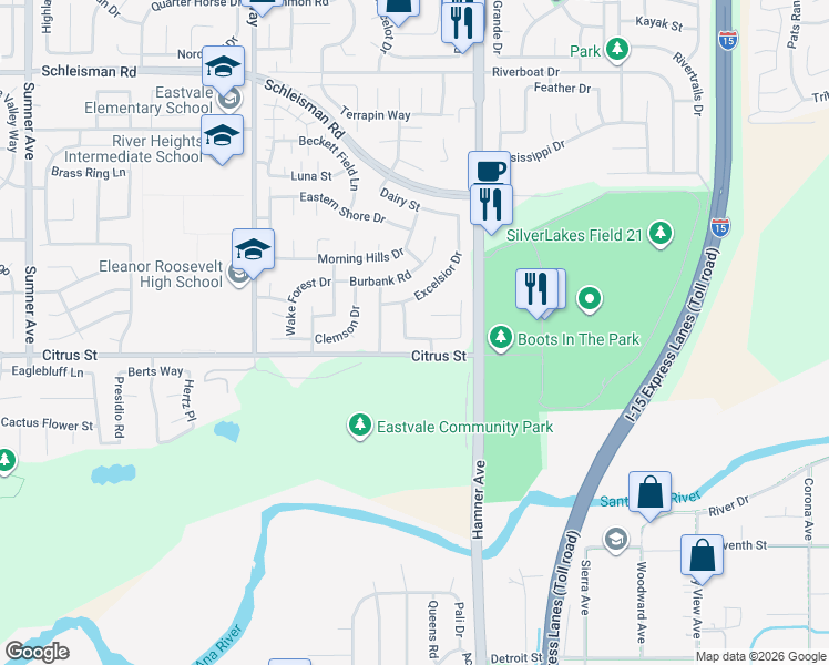 map of restaurants, bars, coffee shops, grocery stores, and more near 7486 Westcliff Way in Corona