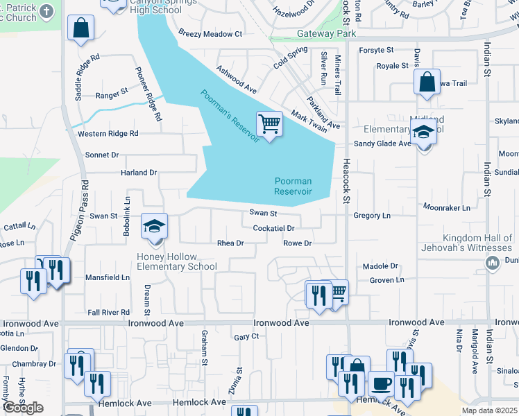 map of restaurants, bars, coffee shops, grocery stores, and more near 23710 Swan Street in Moreno Valley