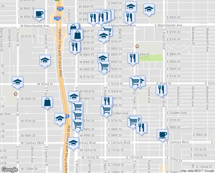 map of restaurants, bars, coffee shops, grocery stores, and more near 9210 South Main Street in Los Angeles
