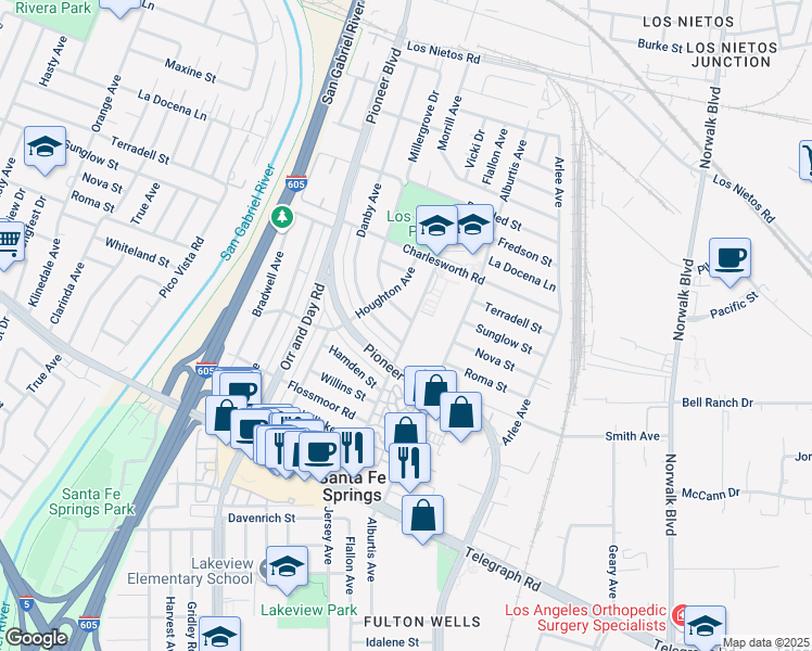 map of restaurants, bars, coffee shops, grocery stores, and more near 9507 Jersey Avenue in Santa Fe Springs