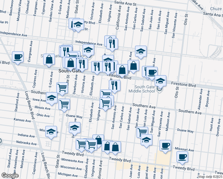 map of restaurants, bars, coffee shops, grocery stores, and more near 8956 California Avenue in South Gate
