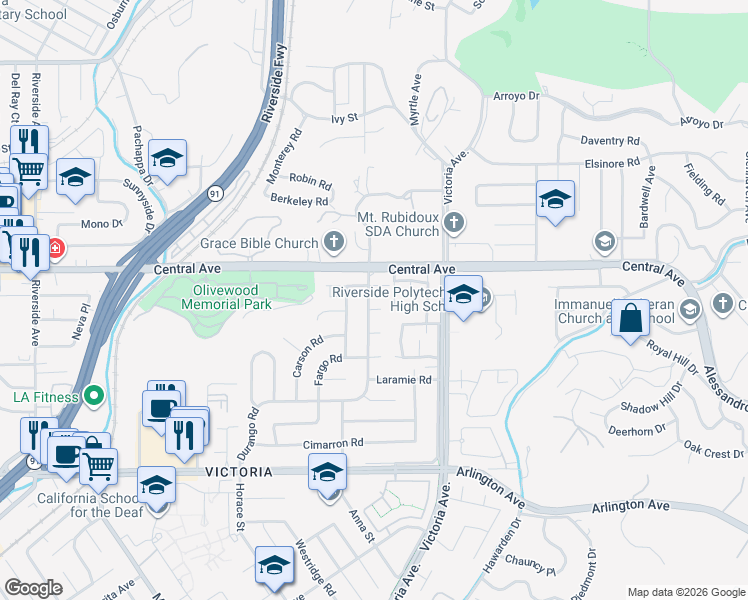 map of restaurants, bars, coffee shops, grocery stores, and more near 5454 Rumsey Drive in Riverside