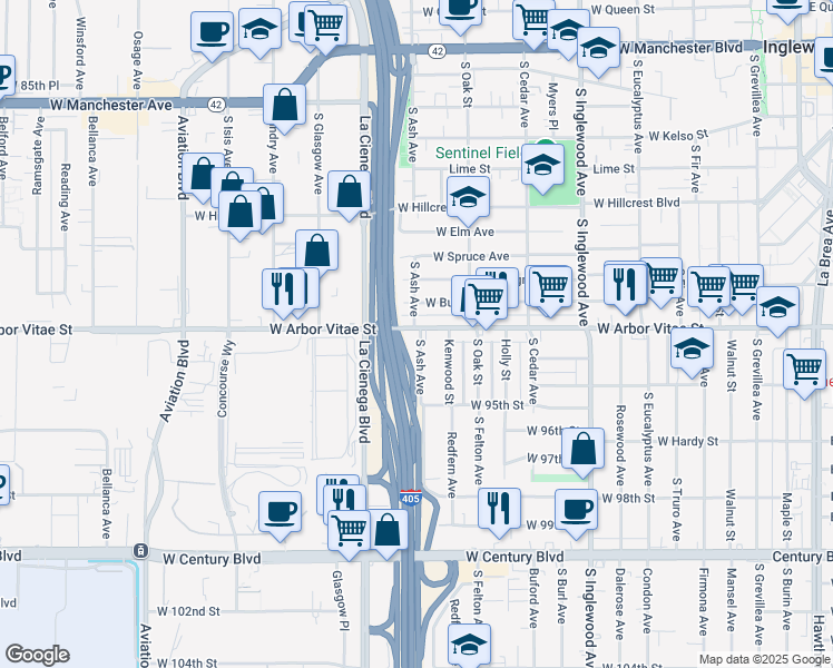 map of restaurants, bars, coffee shops, grocery stores, and more near 700 W Arbor Vitae St in Inglewood