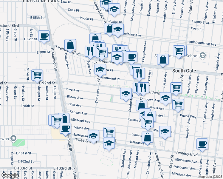 map of restaurants, bars, coffee shops, grocery stores, and more near 2752 Southern Avenue in South Gate