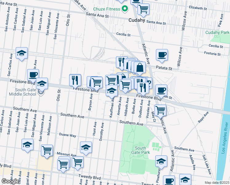 map of restaurants, bars, coffee shops, grocery stores, and more near 4562 Firestone Boulevard in South Gate