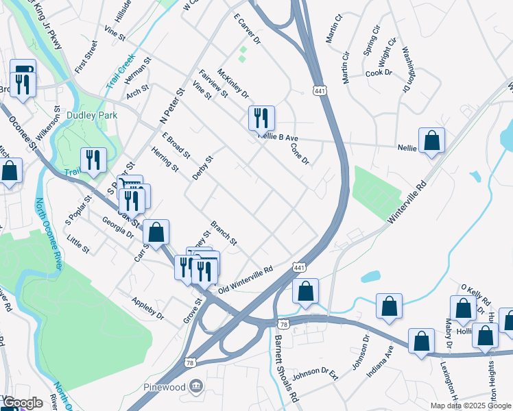 map of restaurants, bars, coffee shops, grocery stores, and more near 125 Anderson Street in Athens