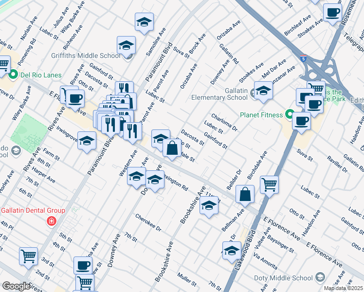 map of restaurants, bars, coffee shops, grocery stores, and more near 8335 Otto Street in Downey