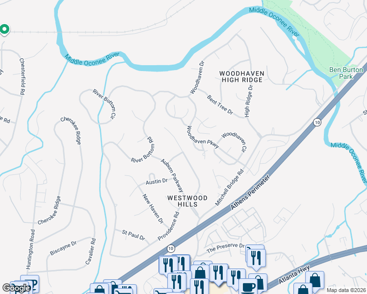 map of restaurants, bars, coffee shops, grocery stores, and more near 400 Providence Road in Athens