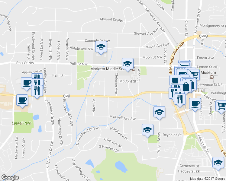 map of restaurants, bars, coffee shops, grocery stores, and more near 31 Cleburne Avenue Northwest in Marietta