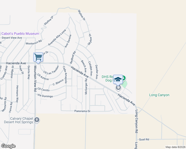 map of restaurants, bars, coffee shops, grocery stores, and more near 13220 Catalpa Avenue in Desert Hot Springs