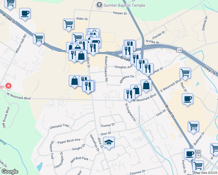 map of restaurants, bars, coffee shops, grocery stores, and more near 786 Lang Jennings Drive in Sumter
