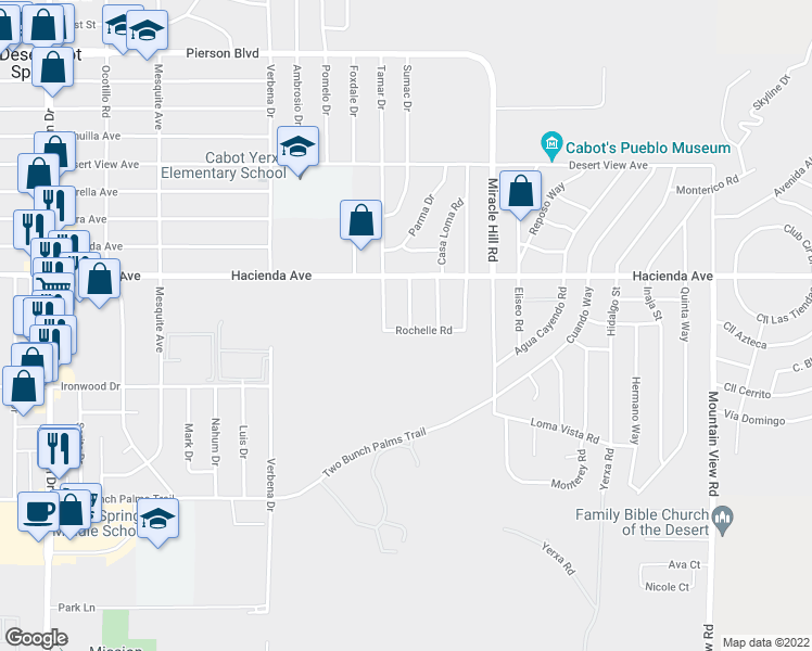map of restaurants, bars, coffee shops, grocery stores, and more near 13205 La Salle Road in Desert Hot Springs