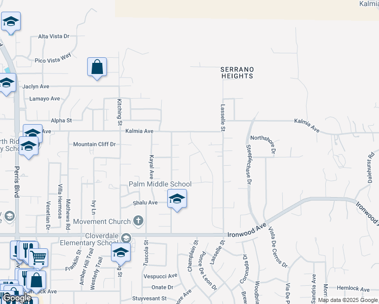 map of restaurants, bars, coffee shops, grocery stores, and more near 25815 Daisy Court in Moreno Valley