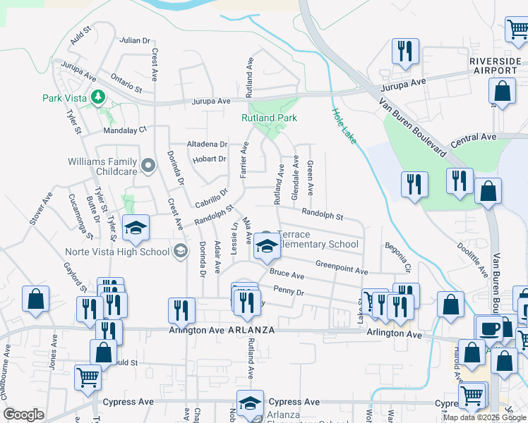 map of restaurants, bars, coffee shops, grocery stores, and more near 8928 Randolph Street in Riverside